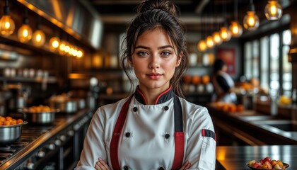 Fototapeta premium A young chef stands in a warm kitchen, focused on preparing a delicious meal. The cozy atmosphere is enhanced by soft lighting and various cooking tools around her.