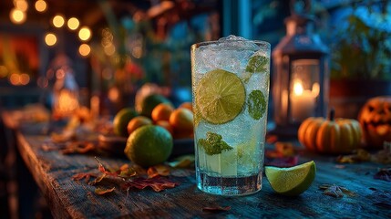 Close-up of a refreshing Coconut Water Refresher drink in a beautifully plated glass, surrounded by Halloween decorations and festive kitchen lights, vibrant colors and detailed composition