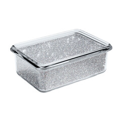 Rectangular clear glass container filled with glittering silver material, on a black background