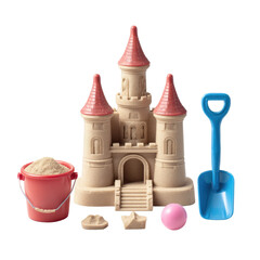 Beach scene featuring a sandcastle, bucket, shovel, and other sand toys