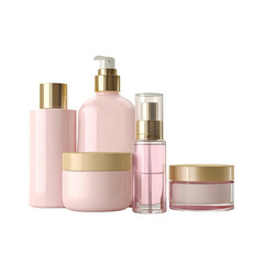 Set of five pink cosmetic bottles with gold caps and dispensers on a black background