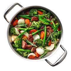 Overhead shot of a stainless steel pot filled with a colorful, healthy stir-fry
