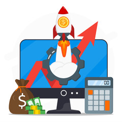 Web development to sales growth concept. Business strategy optimizing on rocket with coins symbol launching from big gear computer screen. Marketing plan with money bag, dollar, arrrow and calculator.