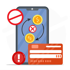 Mobile payment error illustration showing smartphone with blocked transaction, warning icons, and credit card symbolizing failed transfer, declined payment, or financial issue.