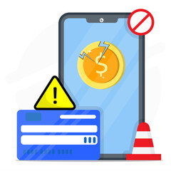 Illustration of a smartphone showing a cracked coin with a warning sign and credit card, representing financial loss, payment error, or banking system failure.