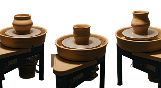 Ceramic pottery making process on a potter's wheel with clay vessel shaping in three stages, perfect for craft and art projects