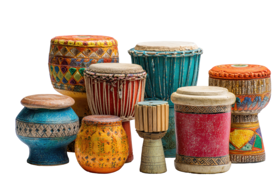 Array of diverse hand drums with varying sizes, shapes, and colorful patterns