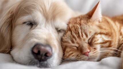 Close-up of a golden retriever dog and ginger cat sleeping peacefully together on a soft blanket, concept for pet care products, animal companionship andveterinary advertising