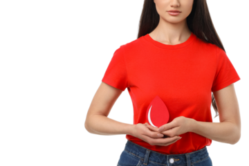 Woman presents red droplet shape in hands, isolated on white, PNG