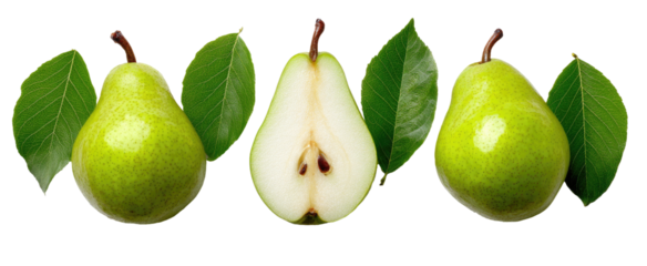 Three pears, one whole, one half, and one whole, with leaves