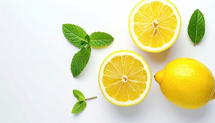 Close Up Overhead Shot Of Bright Yellow Lemons And Fresh Mint Leaves Arranged On A Clean White Surface With Copy Space