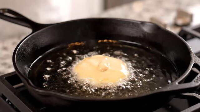 Cooking Delicious Homemade Donuts A StepbyStep Guide to Frying Dough in a Cast Iron Skillet.