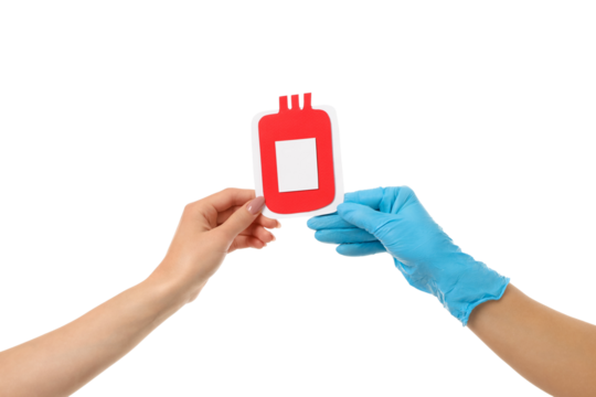 Hands holding a red blood bag cutout, isolated on white, PNG - Powered by Adobe