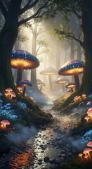 Fantasy forest with glowing mushrooms and mist, magical mood, Phone wallpaper