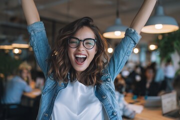 Fototapeta premium Excited young woman with glasses raises her arms, celebrating achievement in office setting. Concept for business success, professional development and team collaboration