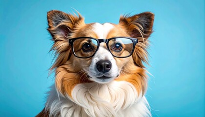 Close Up Portrait of a Domestic Dog Wearing Eyeglasses Against a Solid Light Blue Background in Studio Lighting