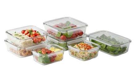 Clear plastic food storage containers with fresh salad and meal ingredients organized for meal prep and kitchen storage