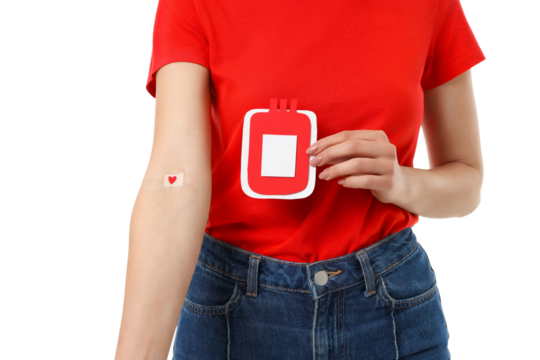 Woman shows blood donation card and bandage, isolated on white, PNG