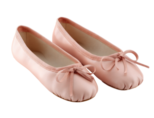 A pair of soft pink ballet flats, slightly angled, with ribbon ties, and set on a black background