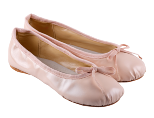 Two light pink ballet flats with bows, leather texture, and visible stitching on a black background