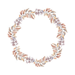 Hand painted autumn wreath with delicate branches in soft beige and red tones. Watercolor foliage circle with pastel autumn leaves isolated white. Botanical seasonal design for wedding cards, decor.