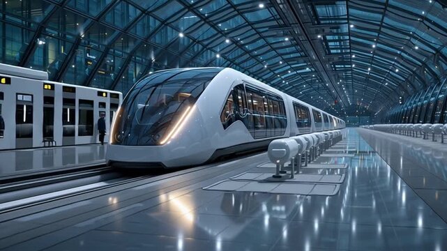 A futuristic high-speed maglev train in a sleek station, a scene of self-driving shuttle and automated parking system.