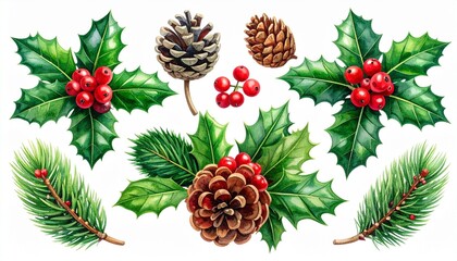 Fototapeta premium Festive Botanical Arrangement with Holly, Pinecone, and Acorn on White Background