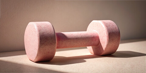 A bright pink dumbbell is placed on a smooth, light-colored surface. Soft afternoon light highlights its shape, creating a calm and inviting atmosphere for fitness