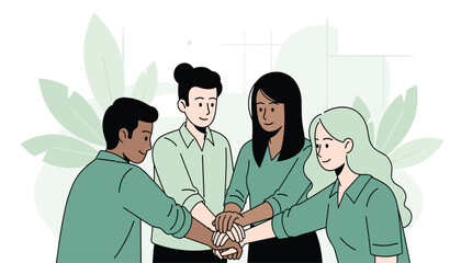 Diverse group of four people with hands stacked in the center, symbolizing teamwork and unity