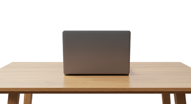 Closed laptop on wooden desk with black background, minimalistic tech workspace, perfect for business presentations