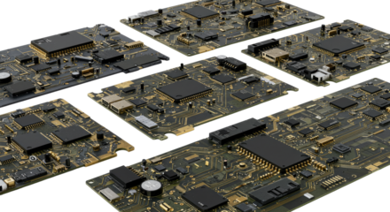 Close up view of multiple computer circuit boards with microchips and electronic components on white background, technology concept, perfect for tech presentations