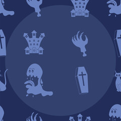 Illustration of Seamless Halloween pattern featuring haunted house, zombie hand, coffin, ghost, and cat in dark blue background. Concept of Halloween theme design, invitation, or greeting card