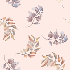 Pastel autumn seamless pattern of dried foliage and twigs in muted warm tones isolated. Hand drawn watercolor repeat for textiles. Gentle foliage repeat backgrounds. Autumn print of herbarium.