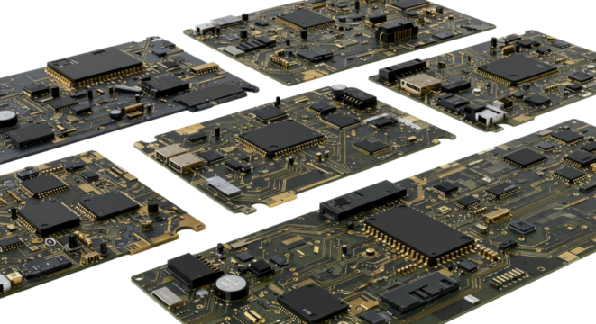 Close up view of multiple computer circuit boards with microchips and electronic components on white background, technology concept, perfect for tech presentations