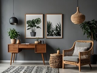 Design home interior of living room with stylish chair and wooden desk, plants, flowers, table lamp, mock up poster frame, macrame and elegant accessories. Stylish home decor. Template. Gray walls. 