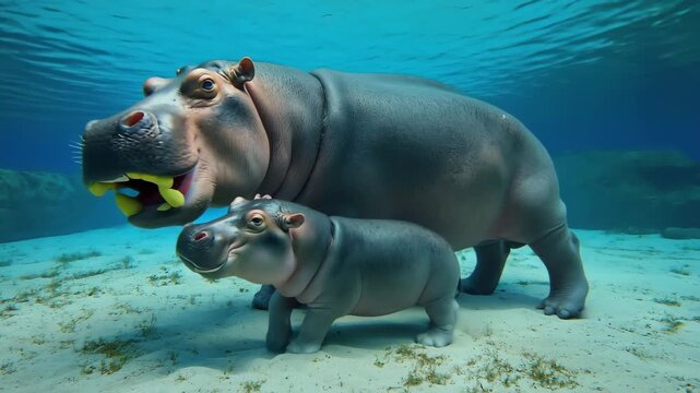 Adult hippopotamus and young calf swimming peacefully together underwater in clear blue water.