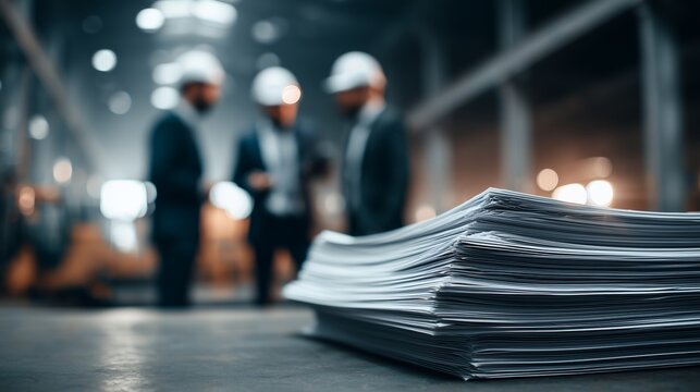 Pile of documents placed on a table with blurred engineers wearing hardhats in background, concept for construction site plans, project management and corporate oversight - Powered by Adobe