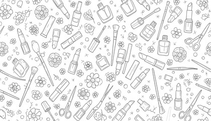 Seamless pattern of handdrawn makeup and cosmetic items, including lipsticks, nail polish, brushes, and scissors
