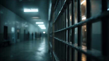 View of prison bars in a dark corridor with blurry figures under fluorescent lights. Concept for criminal justice, confinement and institutional reform, imprisonment andsocial commentary