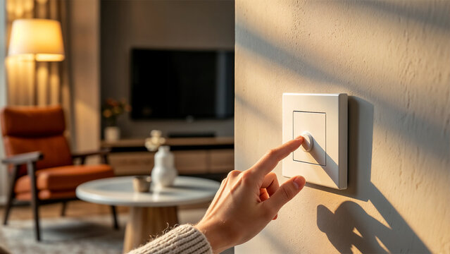 Close up of hand switching electric board at home, electricity, energy and power consumption concept
