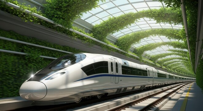 Futuristic hyperloop train accelerating through a verdant green tunnel of advanced transportation systems