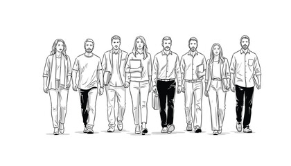 A diverse group of men and women walking forward together