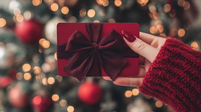 Female hand in red sweater holds red gift card with bow in front of blurred Christmas tree, concept for holiday promotions, seasonal discounts and festive gift-giving occasions