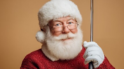 Close-up of smiling Santa Claus holding a golf club against a tan background with a cozy red sweater, concept for holiday promotions, festive activities andseasonal campaigns
