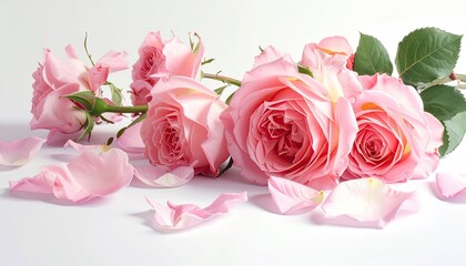 Close up of Pink Roses and Petals on a White Reflective Surface with Soft Natural Light in a Studio Setting