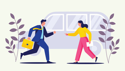 Two business people running towards each other in front of a van, symbolizing a meeting or encounter