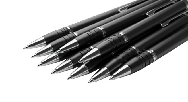 Close-up of six black ballpoint pens in a row on white background, perfect for office, school, or writing projects - Powered by Adobe