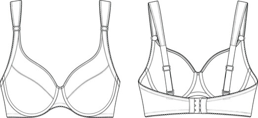Bra flat sketch, lingerie technical drawing, molded cup underwire design, adjustable straps, hook and eye closure, intimate apparel template, fashion clothing vector illustration