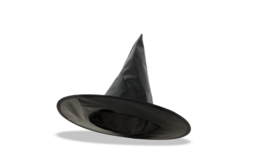 Black witch hat with wide brim for costumes, isolated, PNG