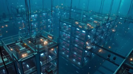 An underwater facility with glowing servers, a scene of an underwater data center and carbon capture device. - Powered by Adobe